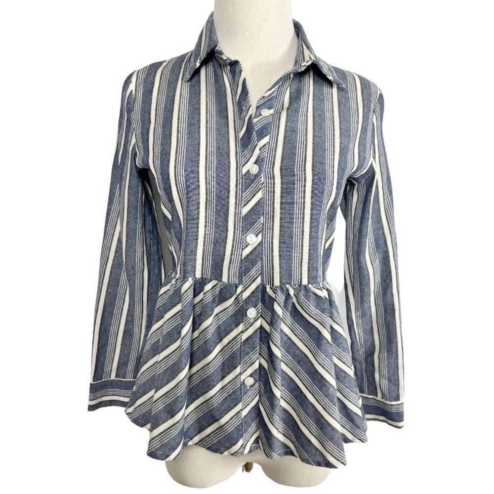LOVE NOTES Blue Peplum Stripe Button Down Ruffle Long Sleeve Cotton Shirt